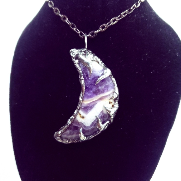 Chevron amethyst moon crystal necklace handmade gothic fantasy metalwork - Picture 7 of 16